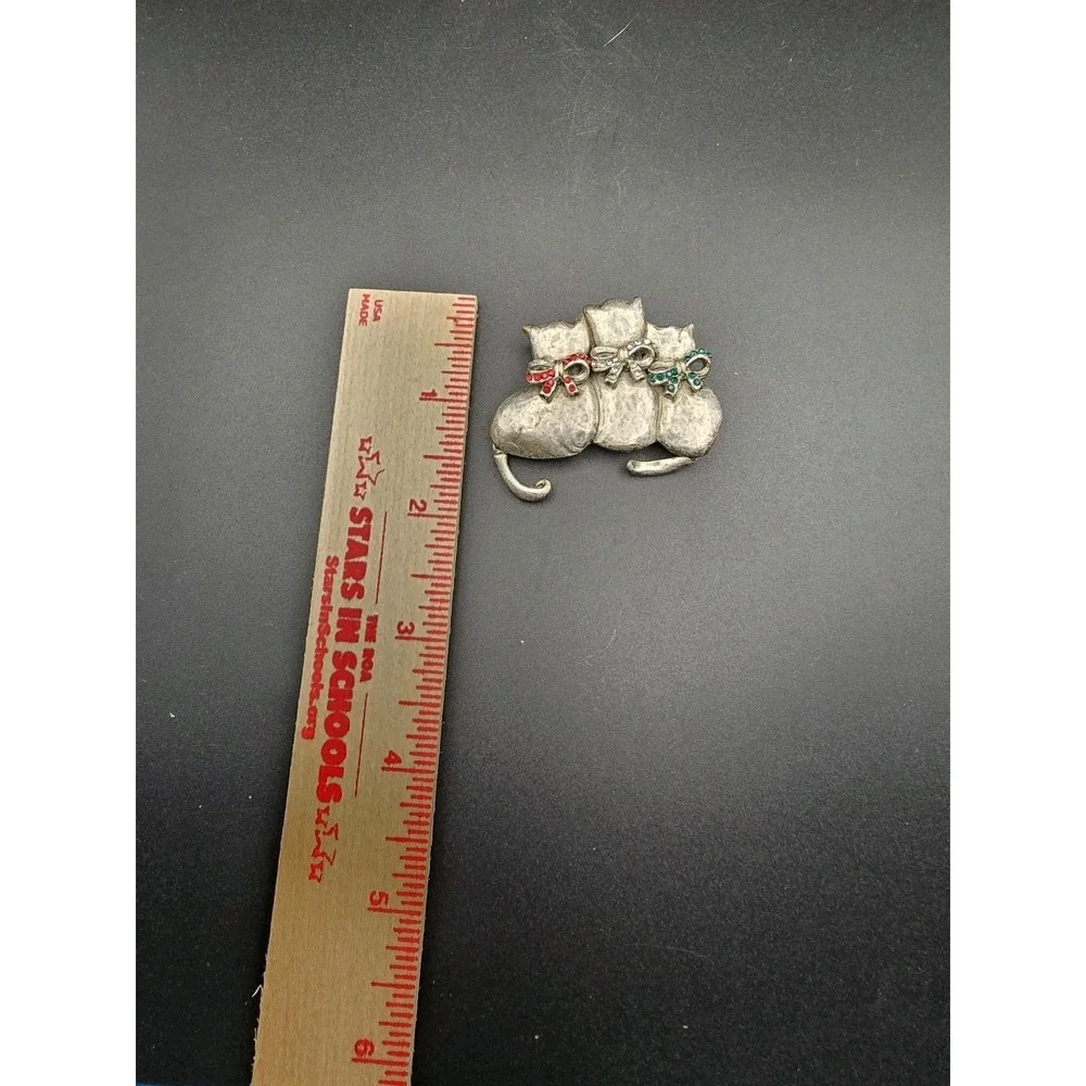 VTG Silvertone Pewter Cat Kitty Trio w Bows Brooch Articulated Tail Pin Crystals